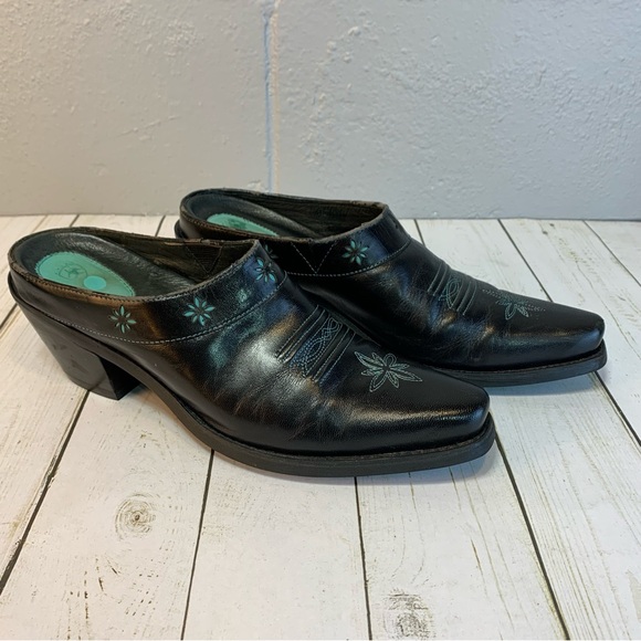 Ariat Desert Star Mules Slides Black Leather Turquoise Inlay Western Size 8.5 - Picture 1 of 9